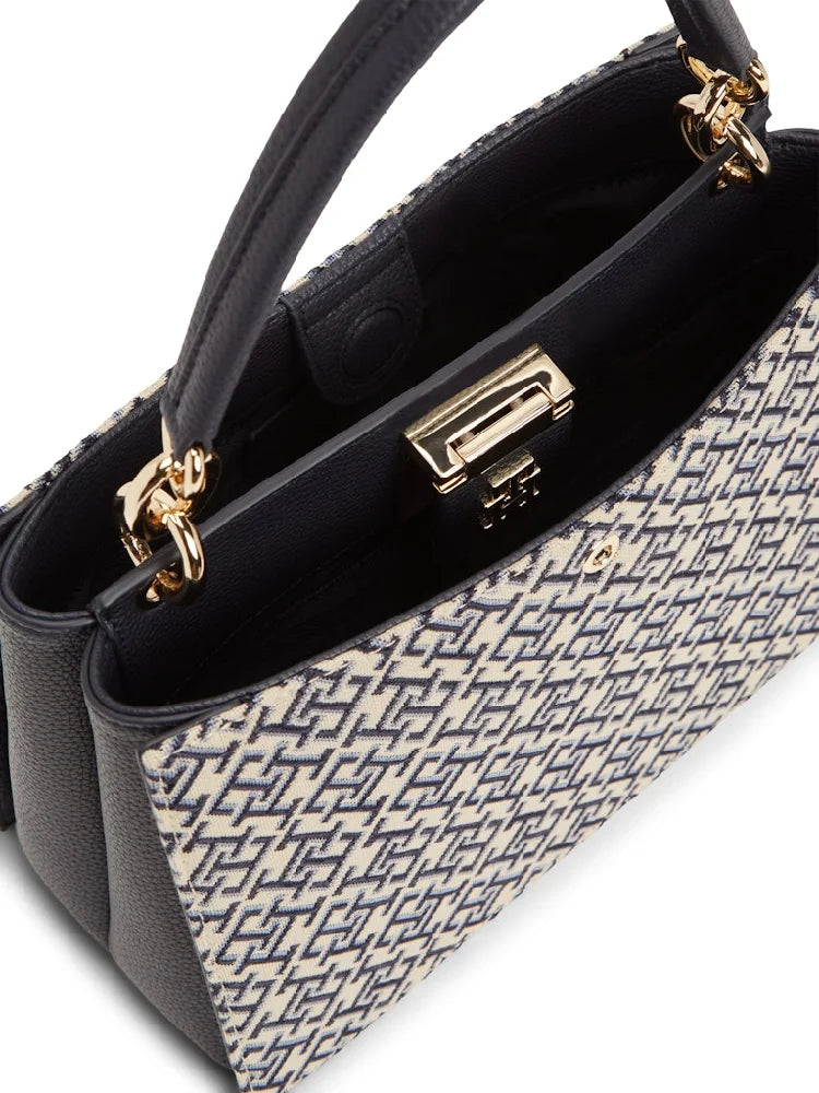 Heritage Monogram Jacquard Satchel Tote Bag Blue - Hudson Store