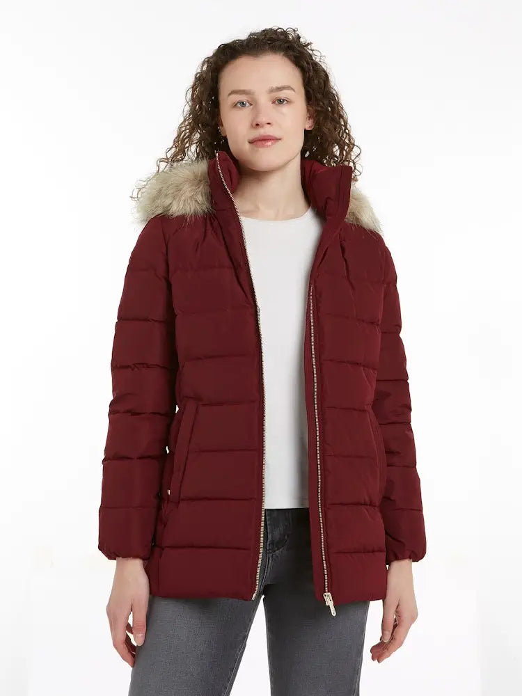 Faux Fur Trim Red Down Jacket With Fur Hood Abercrombie Fitch Women's Red Hooded Puffer Jacket Faux Fur Trim M