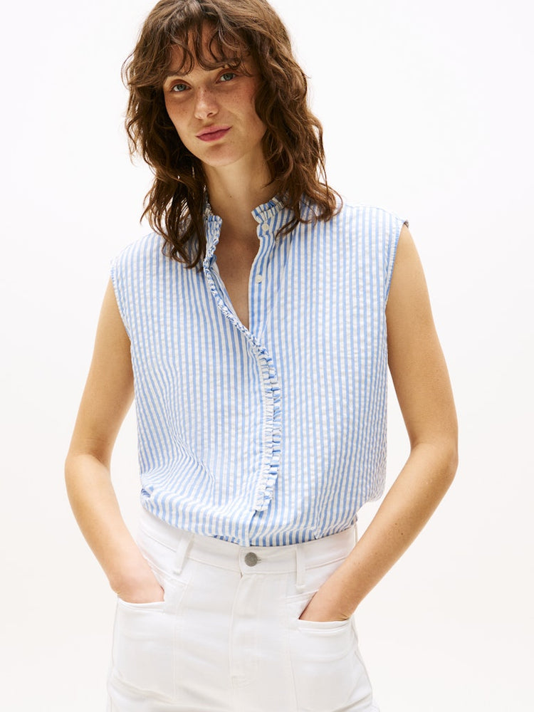 Seersucker Ruffle Sleeveless Shirt