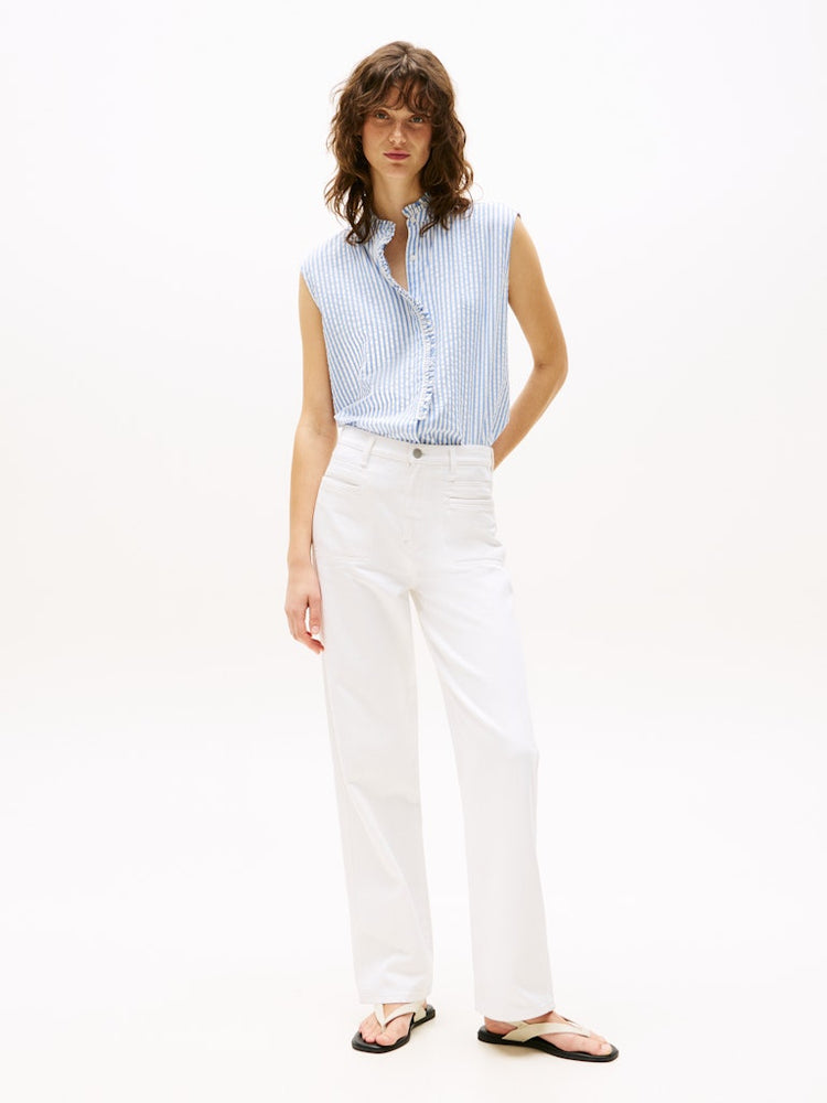 Seersucker Ruffle Sleeveless Shirt