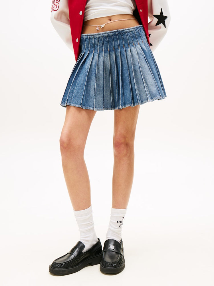 Denim Pleated Mini Skirt
